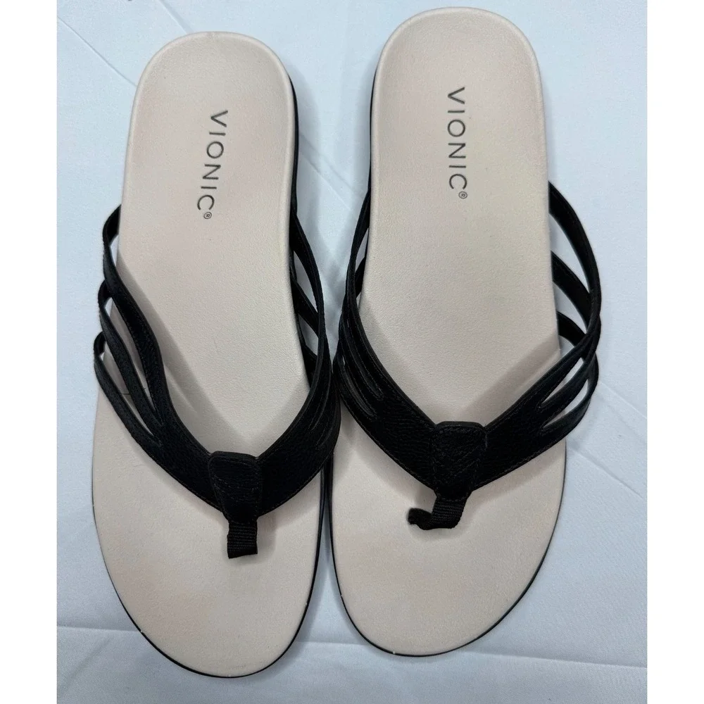 Vionic Alta Leather Comfort Thong Sandals Black Flip Flop Orthotic Women's 8.5